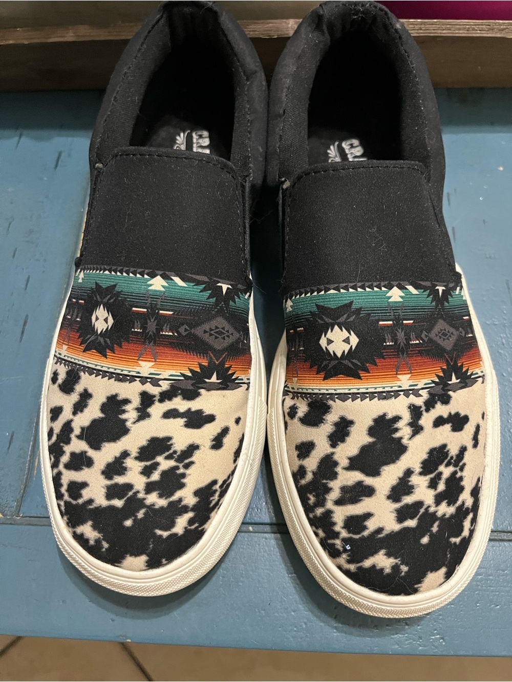 Crazy Train Black Slip-On Flats with Southwestern Stripe & Cow Print